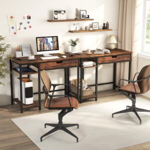 Giantex Computer Desk with Drawers and Power Outlets, Industrial Gaming Desk Computer Workstation with Adjustable Storage Shelf, Headphone Hooks, Study Writing Work Desk for Home Office