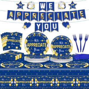 97 pcs we appreciate you decorations for thank you party plates and napkins set blue gold we appreciate you banner tablecloth for teacher nurser doctor pastor employee thanksgiving supplies