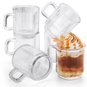 noamus 6 pack premium glass coffee mugs with handle, 12 oz classic vertical stripes glass tea cups, transparent ribbed beverage mugs, clear vintage glassware set for hot cold americano, cappuccino