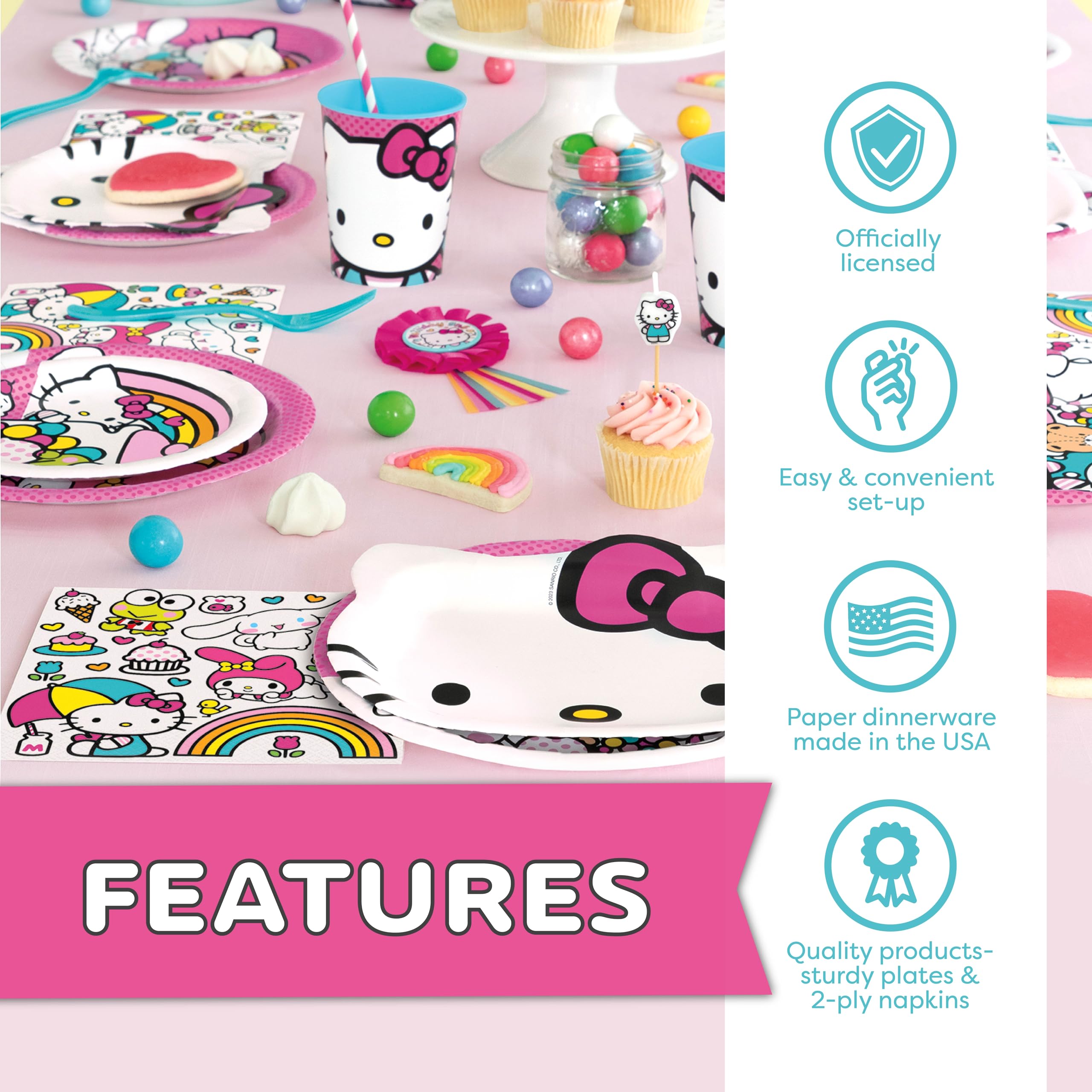 Hello Kitty Birthday Decorations & Party Supplies | Hello Kitty Plates and Napkins, Cups, Tablecloth, Forks, Sticker | Serves 16 Guests | Officially Licensed