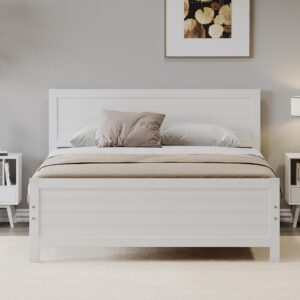 JULYFOX Wood Bed Frame King Size, White Color Solid Pine Wood Platform Bed with Headboard Footboard 600 lbs Heavy Duty No Box Spring Needed(White-2, King)