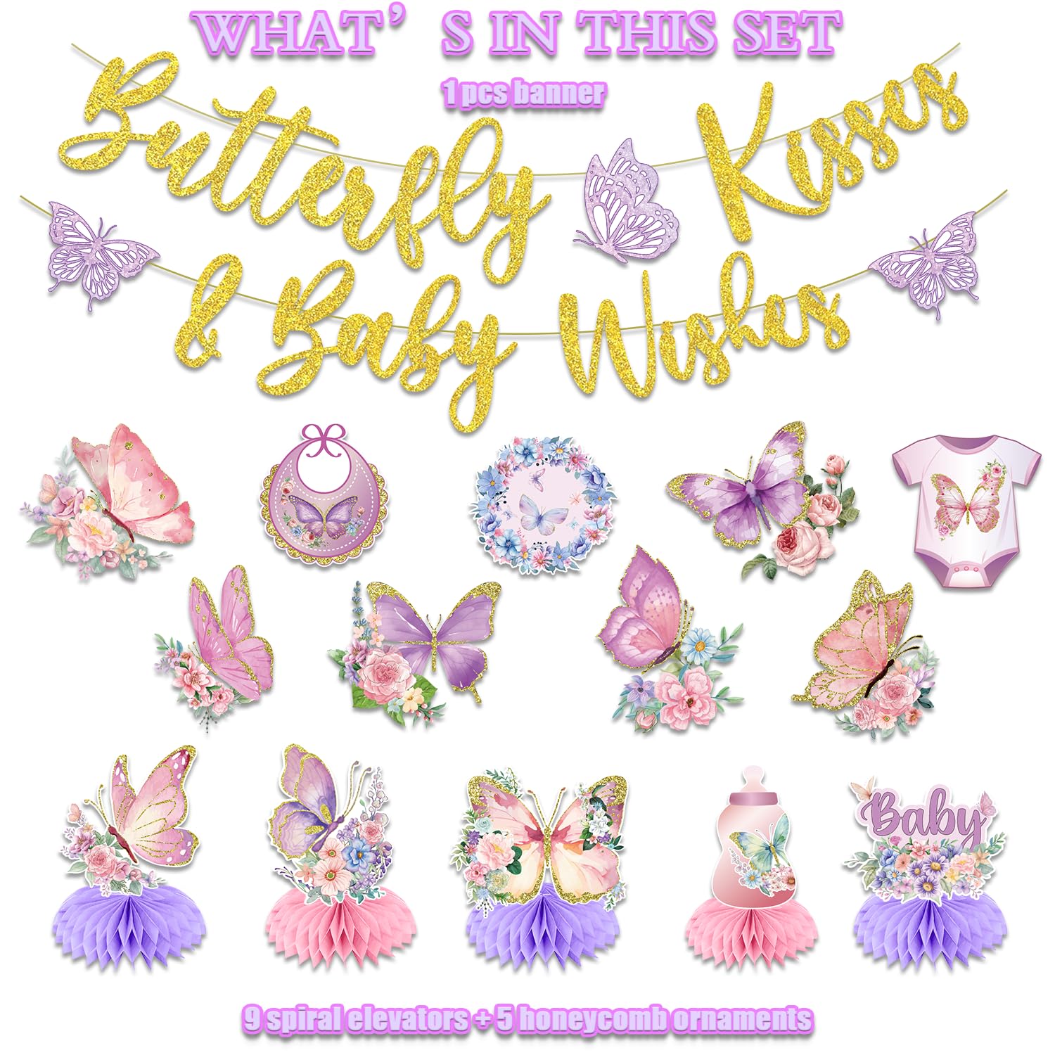 KMCCUMBER Butterfly Baby Shower Decorations, Purple Baby Shower Decorations Include Butterfly Kisses and Baby Wishes Banner Hanging Swirls and Honeycomb Centerpiece Party Decorations for Girl