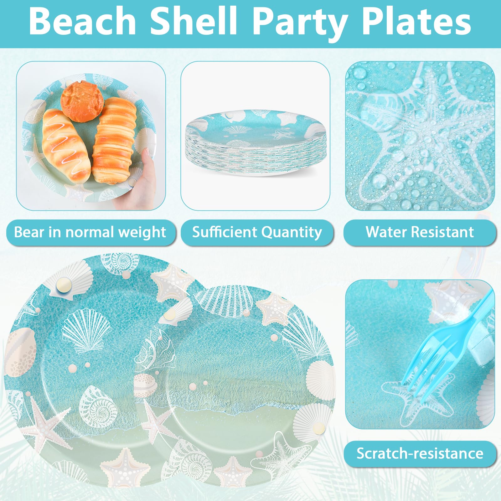 Naozinebi Seashell Beach Party Plates Napkin Fork Nautical Coastal Birthday Party Tableware Set Ocean Starfish Dinnerware Supply for Summer Holiday baby shower Wedding Bridal Decoration favor Serve 24