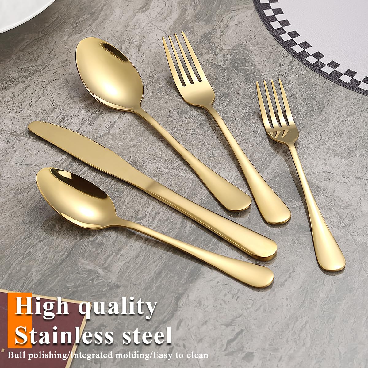 Silverware Set 60 Pieces Service for 12, ReaNea Gold Flatware Set, Titanium Plating Cutlery Set Include Dinner Knives, Dinner Spoons, Dinner Forks, Teaspoons, Salad Forks, Dishwasher Safe