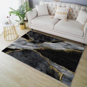 HUXJOKO Area Rug Abstract Black and Gold Marble Veins Home Decor Non-Slip Rugs Machine Washable Doormat Carpet Mat for Living Room Bedroom Kitchen Kindergarten Room Classroom,5' x 7'