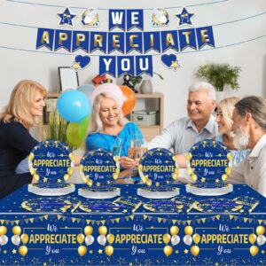 97 Pcs We Appreciate You Decorations for Thank You Party Plates and Napkins Set Blue Gold We Appreciate You Banner Tablecloth for Teacher Nurser Doctor Pastor Employee Thanksgiving Supplies