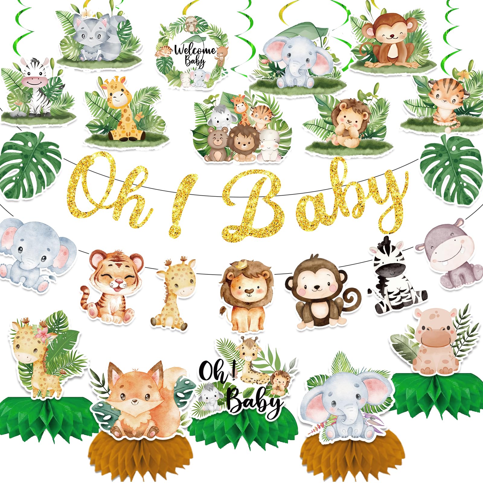 Jungle Wild Animal Baby Shower Decorations, Wild One Birthday Decorations Include Animals Banner, Hanging Swirls and Honeycomb Centerpieces, Wild Safari Baby Shower Decorations