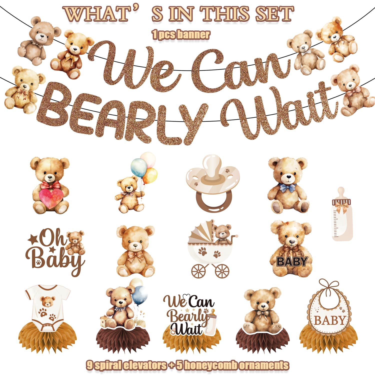 LARRAZABAL We Can Bearly Wait Baby Shower Decorations, NO-DIY Bear Banner Hanging Swirls and Honeycomb Centerpiece, Baby shower Decorations for Boy Bear Birthday Party Supplies