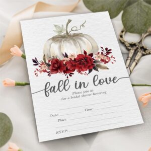 YKYENR Pumpkins & Floral Bridal Shower Invitations - Fall In Love - 4 x 6 Inches Invites (25 Cards & Envelopes) For Wedding Showers, Newlyweds Parties And Receptions - A14