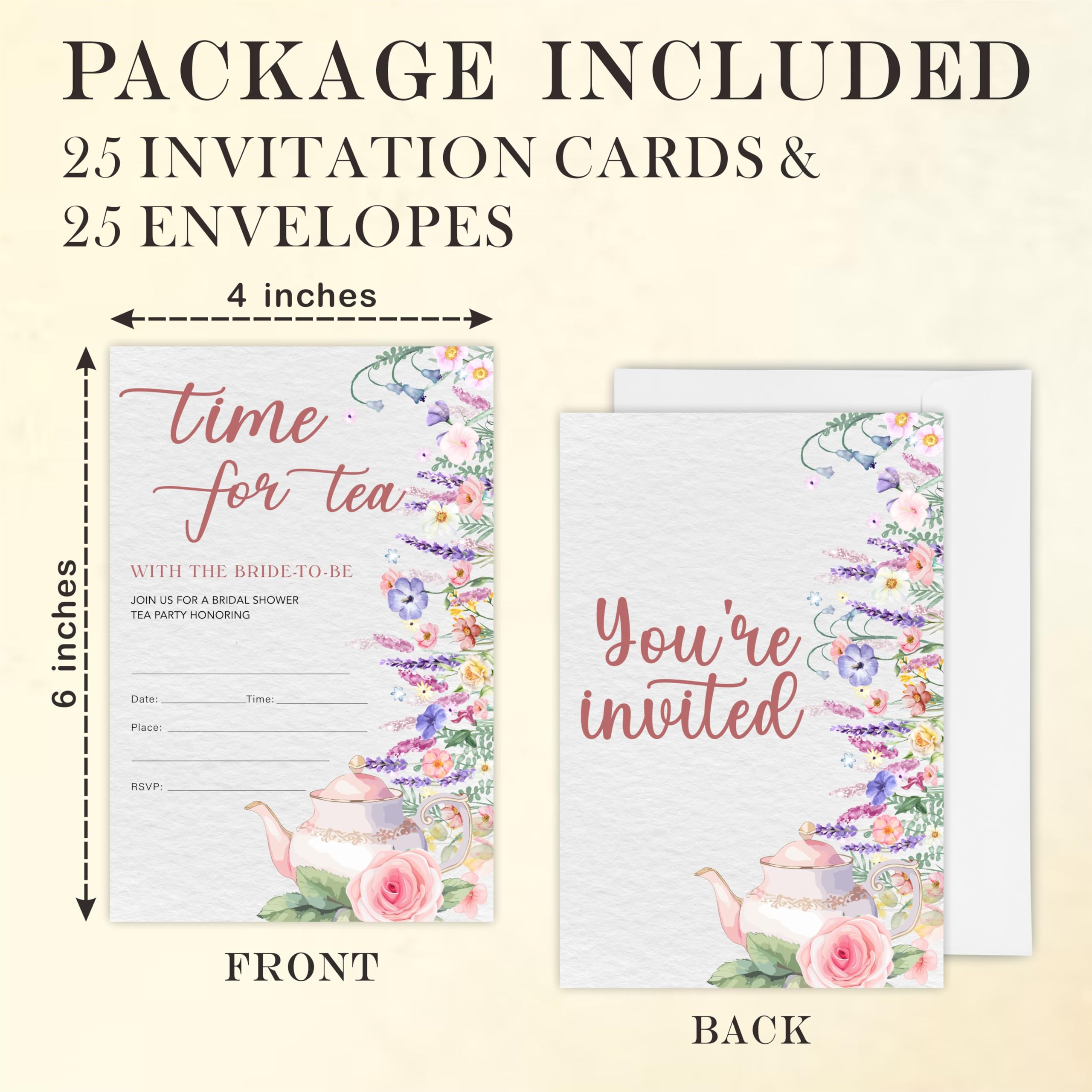 YKYENR Floral & Teapots Bridal Shower Invitations - Time For Tea - 4 x 6 Inches Invites (25 Cards & Envelopes) For Wedding Showers, Newlyweds Parties And Receptions - A06