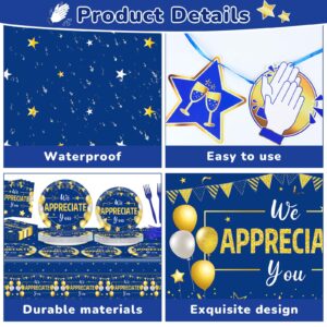 97 Pcs We Appreciate You Decorations for Thank You Party Plates and Napkins Set Blue Gold We Appreciate You Banner Tablecloth for Teacher Nurser Doctor Pastor Employee Thanksgiving Supplies