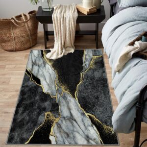 HUXJOKO Area Rug Abstract Black and Gold Marble Veins Home Decor Non-Slip Rugs Machine Washable Doormat Carpet Mat for Living Room Bedroom Kitchen Kindergarten Room Classroom,5' x 7'