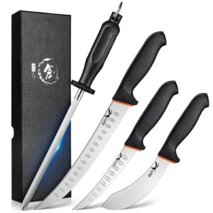 golden bird butcher knife set - 4 piece professional bbq knife set include 6" boning knife, 6" skinning knife, 10" butcher breaking knife & 8" sharpener rod