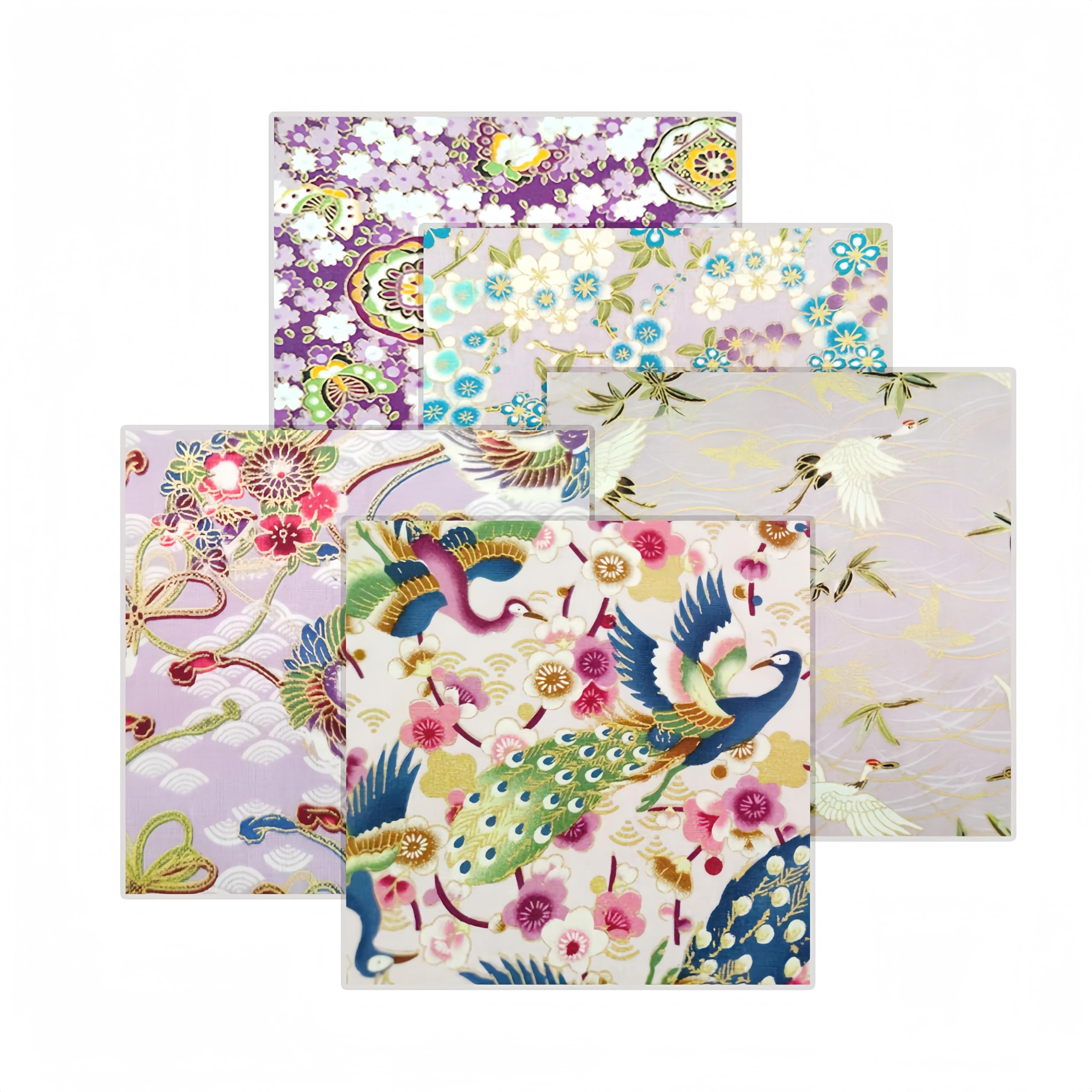 Fat Quarters Fabric Bundles, Japanese Purple Fabric 5 PCS 5 Designs,Kimono Peacock Cherry Blossom Red Crowned Crane Printed Sewing Fabric Squares 19.6 x 15.8 Inch for Quilting Wrapping Cloth DIY