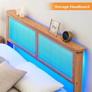 coucheta Rattan Bed Frame Full with Natural Rattan Headboard,Bohemian Rattan Full Size Bed Frame with LED Lights,Solid Wood Foundation with Silent Slats,No Box Spring Needed (Full)