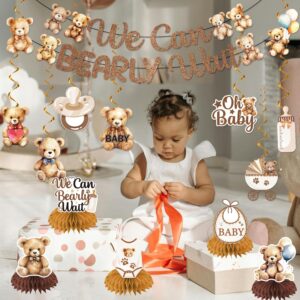 LARRAZABAL We Can Bearly Wait Baby Shower Decorations, NO-DIY Bear Banner Hanging Swirls and Honeycomb Centerpiece, Baby shower Decorations for Boy Bear Birthday Party Supplies