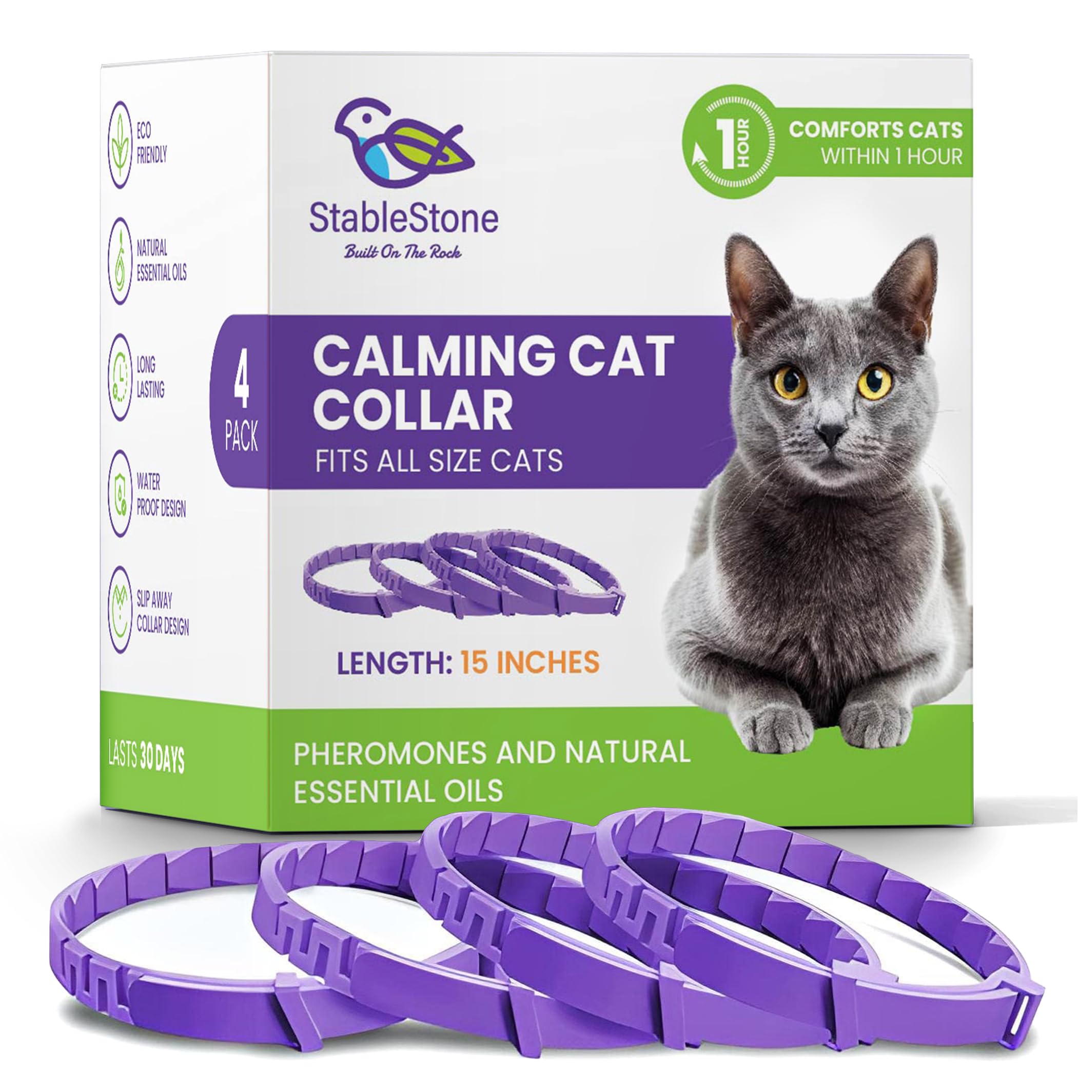 StableStone 4 Pack Calming Collar for Cats, Cat Calming Collar, Calming Pheromone Collar for Cats, Cat Pheromone Collar, Cat Calming Collar for Anxiety, Efficient Relieve Anxiety Stress (4 Pack)