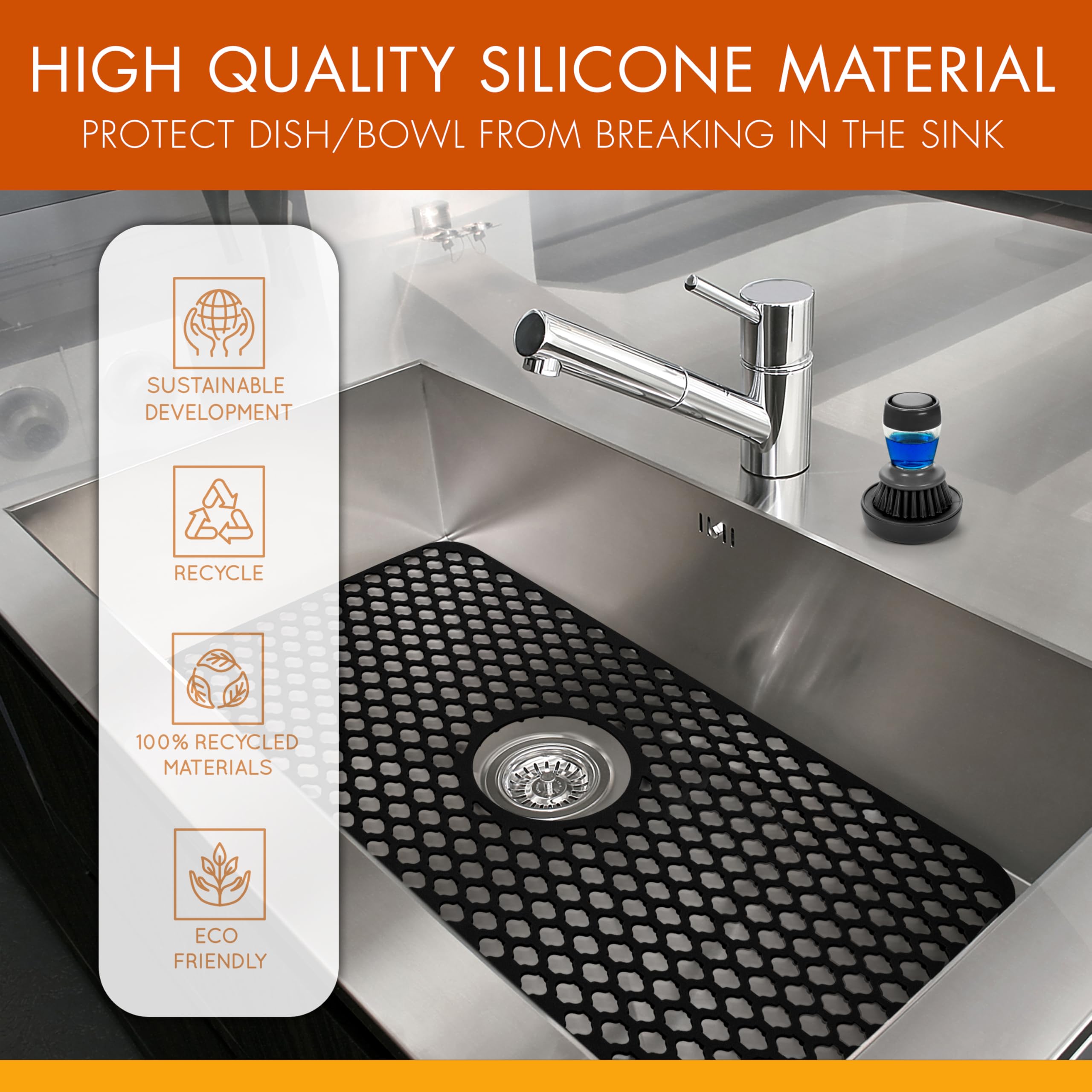 Heat Resistant Silicone Sink Protectors for kitchen sink, Farmhouse sink mats and protectors 25”X13” (Dish Soap Dispenser Brush Included) – Durable Kitchen Sinks Mat – Non-Slip & Easy Clean