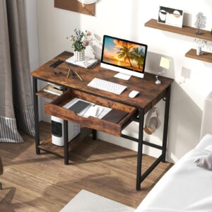 Giantex Computer Desk with Drawers and Power Outlets, Industrial Gaming Desk Computer Workstation with Adjustable Storage Shelf, Headphone Hooks, Study Writing Work Desk for Home Office