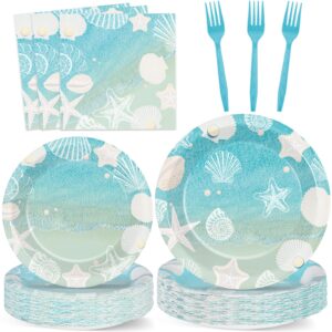 naozinebi seashell beach party plates napkin fork nautical coastal birthday party tableware set ocean starfish dinnerware supply for summer holiday baby shower wedding bridal decoration favor serve 24