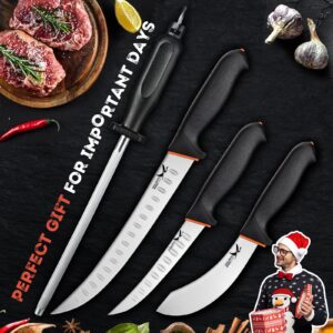 Golden Bird Butcher Knife Set - 4 Piece Professional BBQ Knife Set Include 6" Boning Knife, 6" Skinning Knife, 10" Butcher Breaking Knife & 8" Sharpener Rod