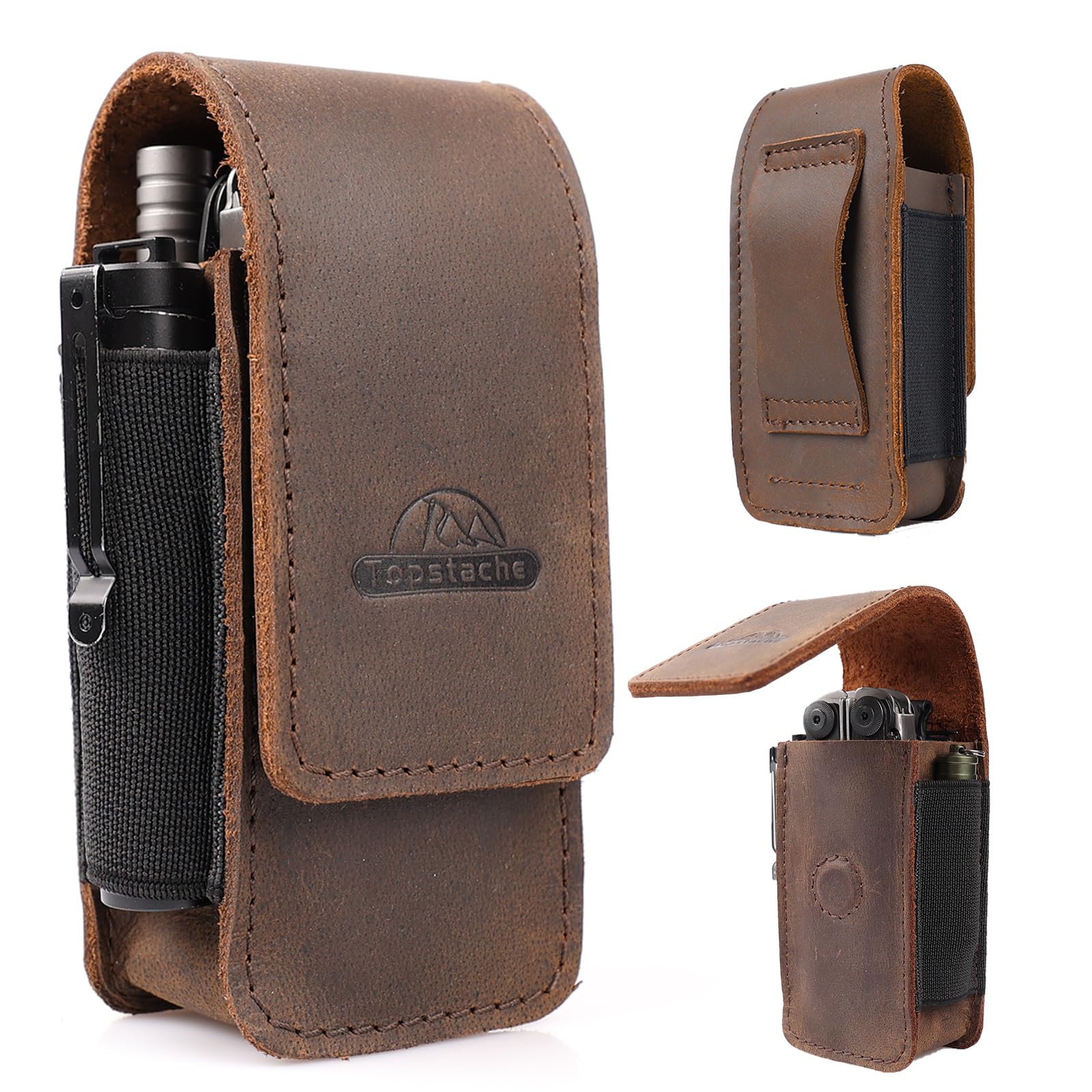 Topstache Leather Multitool Sheath for Belt - Multitool Holster for Belt - Multitool Pouch Fits Folding Tool - Magnetic Closure EDC Belt Organizer - EDC Belt Pouch - Multitool Holder, DarkBrown