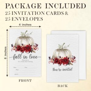 YKYENR Pumpkins & Floral Bridal Shower Invitations - Fall In Love - 4 x 6 Inches Invites (25 Cards & Envelopes) For Wedding Showers, Newlyweds Parties And Receptions - A14