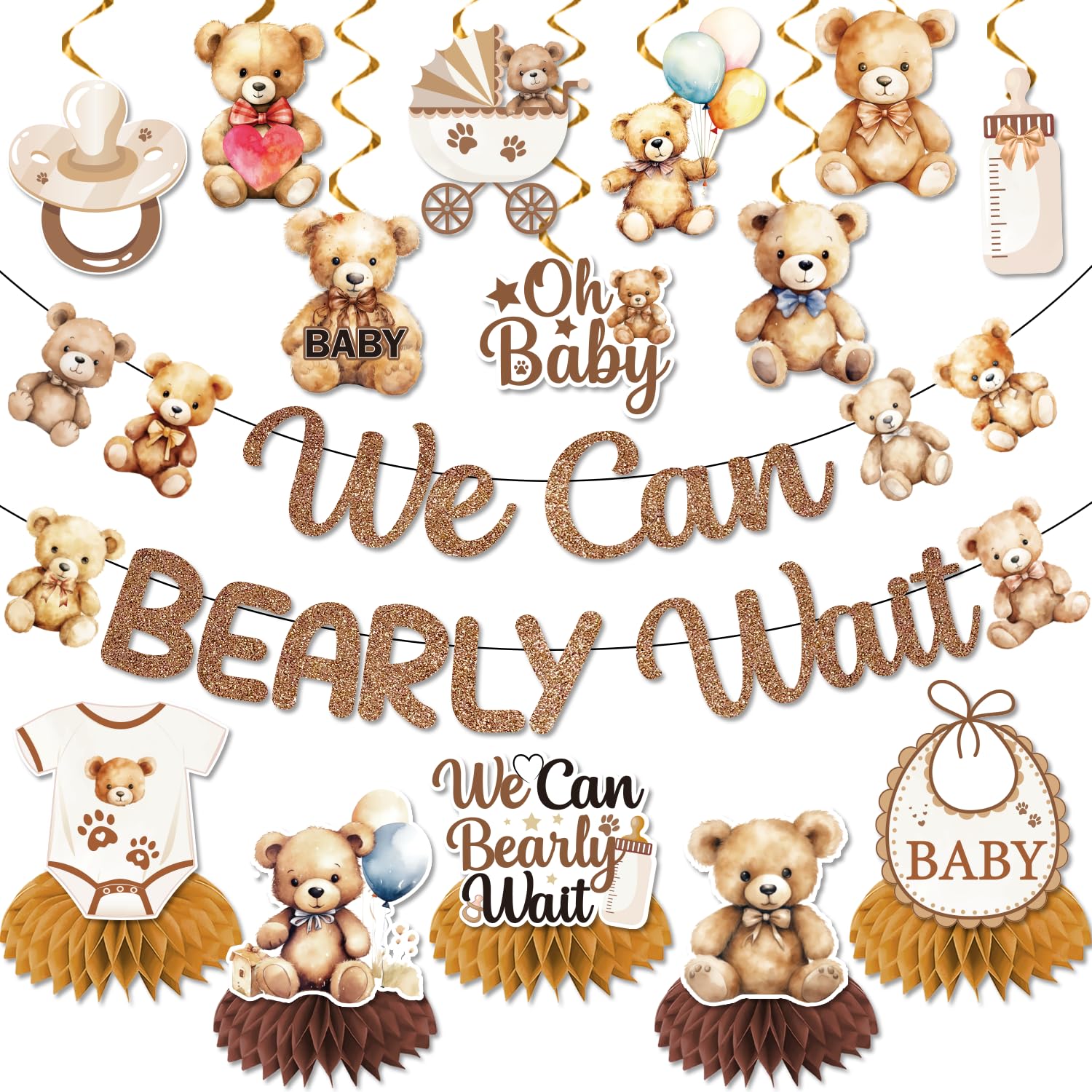 LARRAZABAL We Can Bearly Wait Baby Shower Decorations, NO-DIY Bear Banner Hanging Swirls and Honeycomb Centerpiece, Baby shower Decorations for Boy Bear Birthday Party Supplies