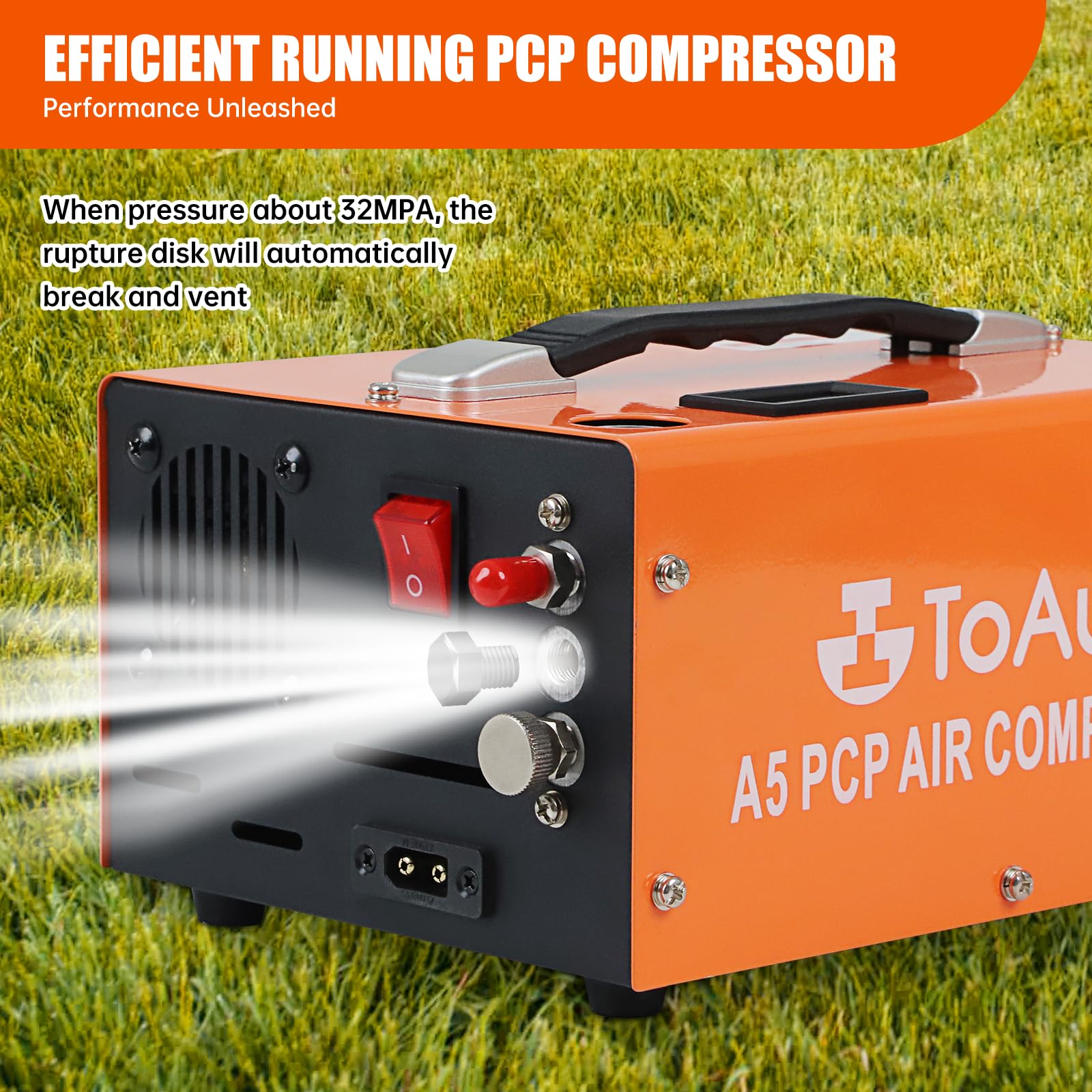 TOAUTO A5 4500Psi 30Mpa PCP Air Compressor,12V DC/110V AC PCP Airgun Compressor with Built-in Fan& Water/Oil-Free& One Button Start, with Adapter HPA Compressor for Paintball/PCP Rifle/Mini Scuba Tank