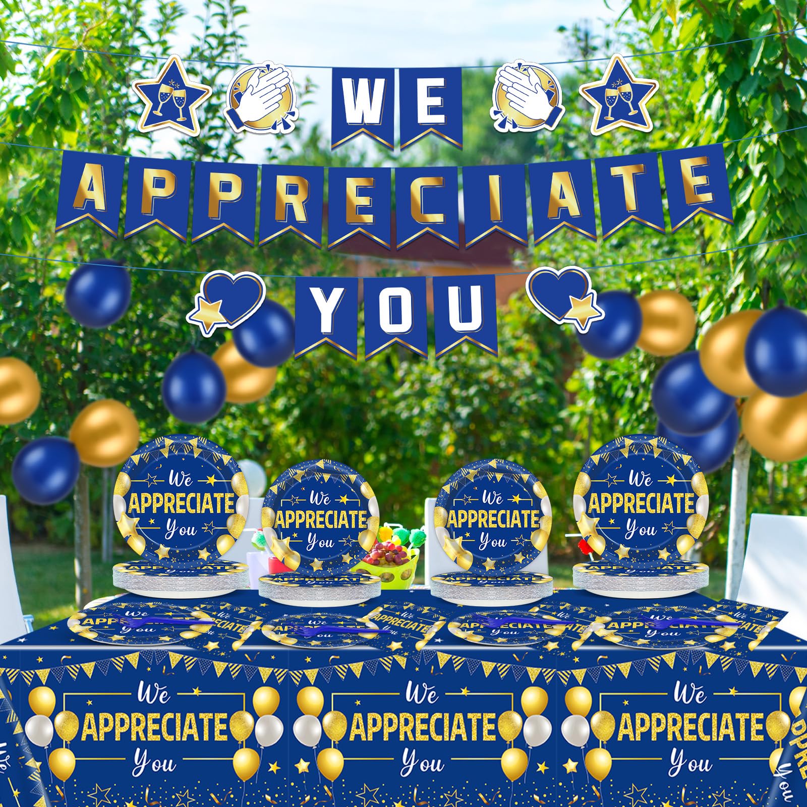 97 Pcs We Appreciate You Decorations for Thank You Party Plates and Napkins Set Blue Gold We Appreciate You Banner Tablecloth for Teacher Nurser Doctor Pastor Employee Thanksgiving Supplies