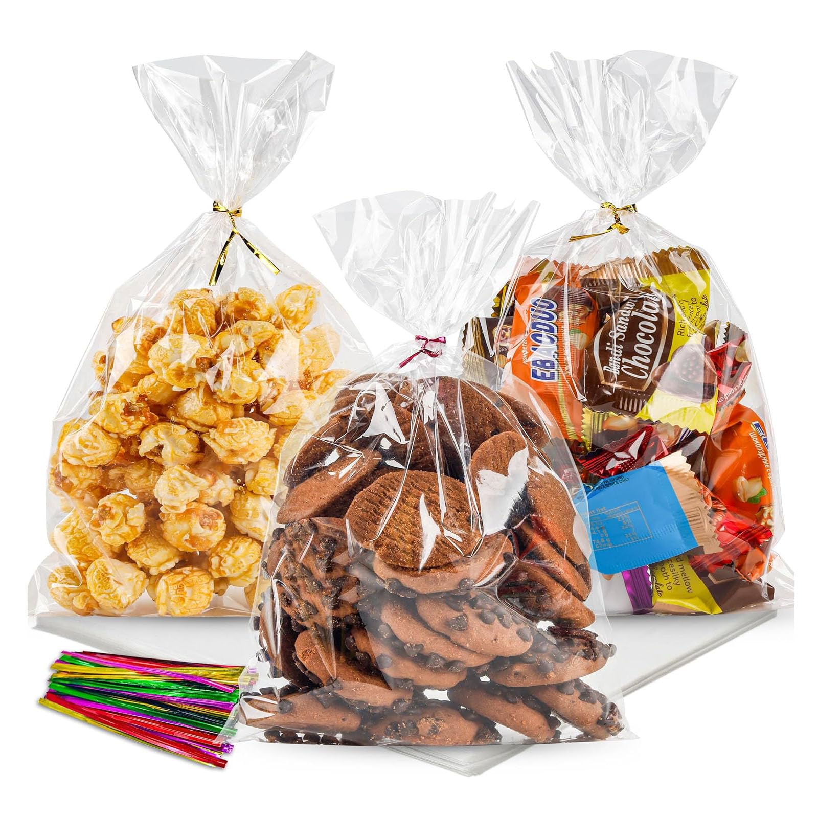 NPLUX 100 Pack Cellophane Bags Small Plastic Cookie Bags Clear Treat Bags with Twist Ties for Small Gift Party Favors,Bakery,Candy,Popcorn(6×10In)