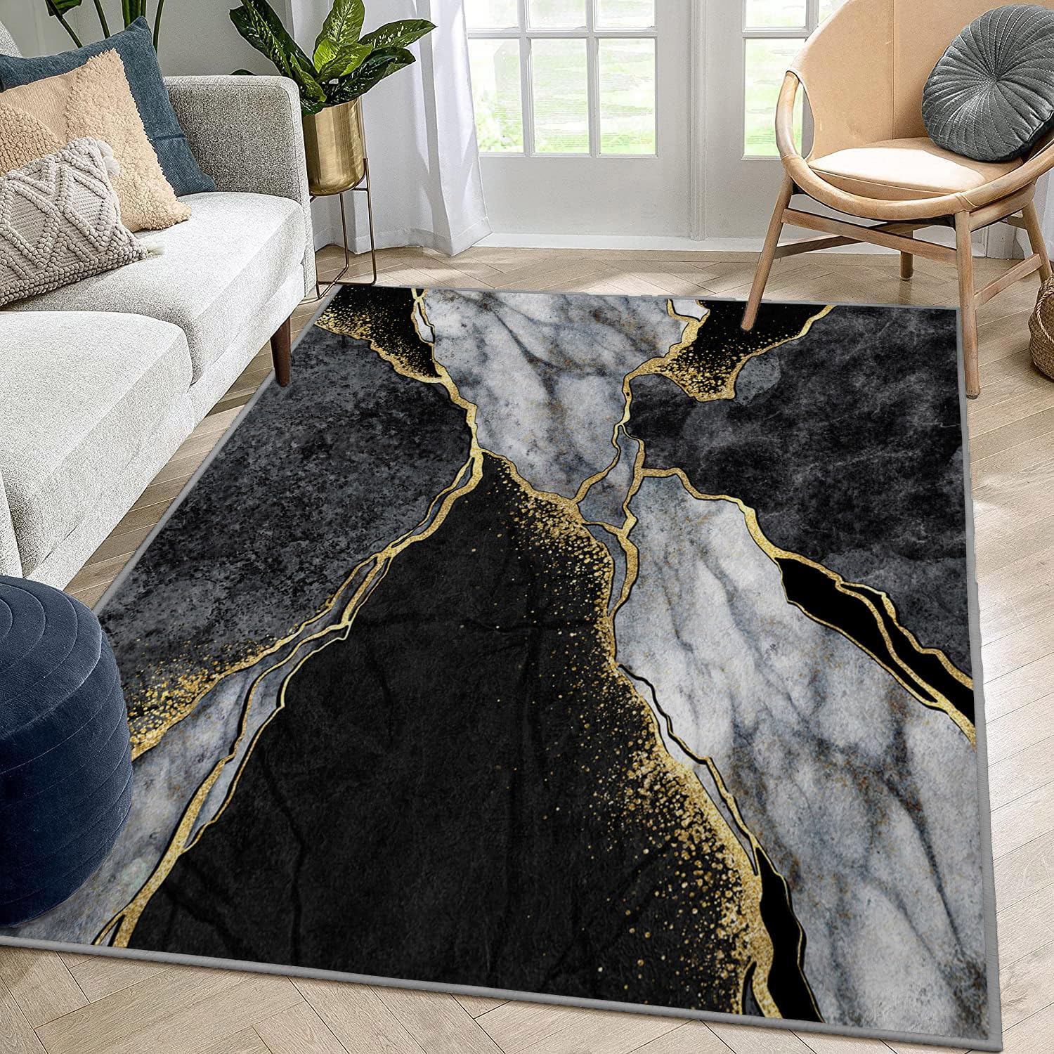 HUXJOKO Area Rug Abstract Black and Gold Marble Veins Home Decor Non-Slip Rugs Machine Washable Doormat Carpet Mat for Living Room Bedroom Kitchen Kindergarten Room Classroom,5' x 7'