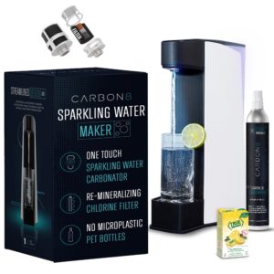 carbon8 sparkling water maker machine - home soda stream machine, screw-in co2 carbonator, countertop water mineralizer, seltzer soda maker machine dispenser - co2 cylinder included - white