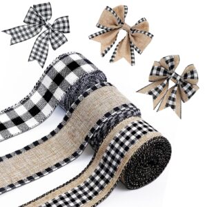 3 rolls buffalo plaid ribbons in all 18 yards 2.5 inch width burlap ribbon christmas checked burlap ribbon ，black and white checkered ribbon ，for crafts diy garland，bows crafts decoration