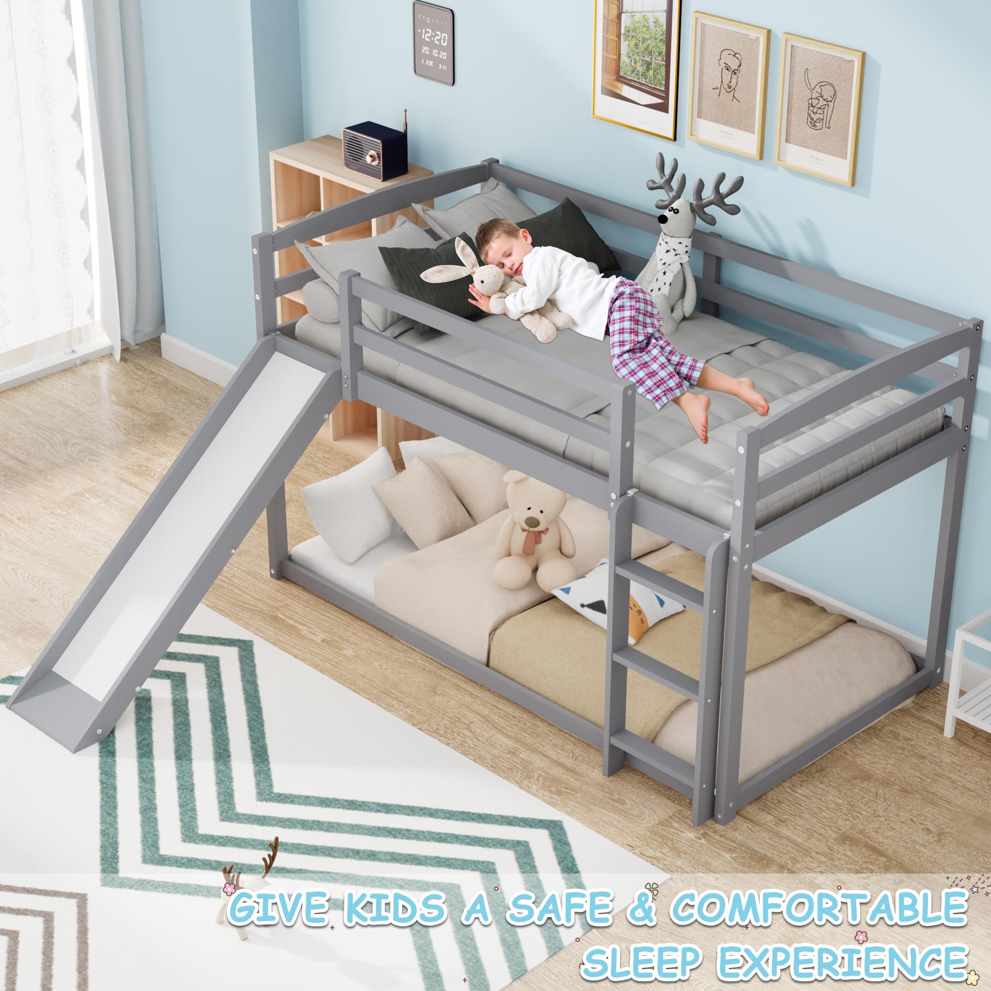 DreamBuck Twin Over Twin Bunk Bed with Convertible Slide and Ladder, Wooden Low Bunk Bed for Kids Teens with Safety Guardrails, Floor Bunk Bed for Boys Girls, Space Saving & Easy Assembly, Grey