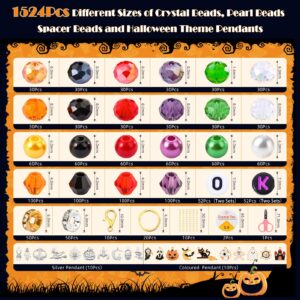 JADVY 1524 pcs Halloween Crystal Beads for Bracelets Making Kit, Pearl Beads + Glass Crystal Beads for Jewelry Making Kit with Pendants and Spacer Beads, Beads & Bead Assortments for Halloween Crafts