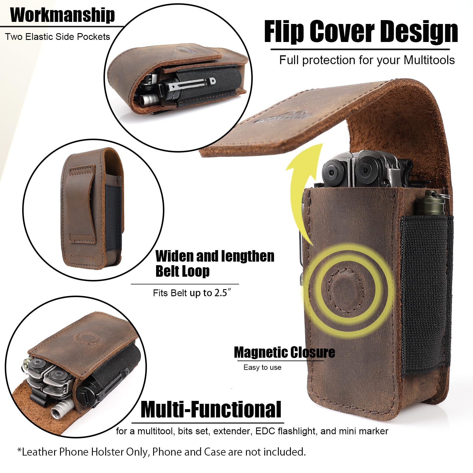 Topstache Leather Multitool Sheath for Belt - Multitool Holster for Belt - Multitool Pouch Fits Folding Tool - Magnetic Closure EDC Belt Organizer - EDC Belt Pouch - Multitool Holder, DarkBrown