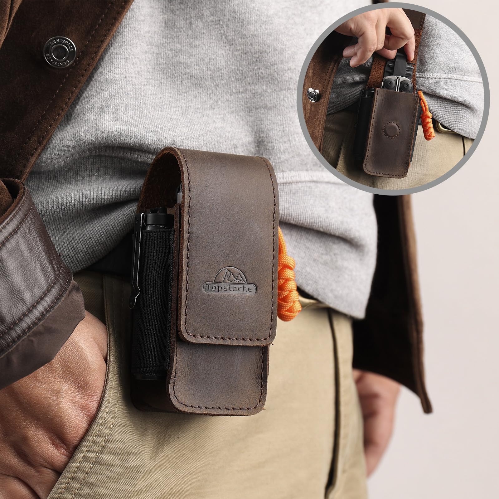 Topstache Leather Multitool Sheath for Belt - Multitool Holster for Belt - Multitool Pouch Fits Folding Tool - Magnetic Closure EDC Belt Organizer - EDC Belt Pouch - Multitool Holder, DarkBrown