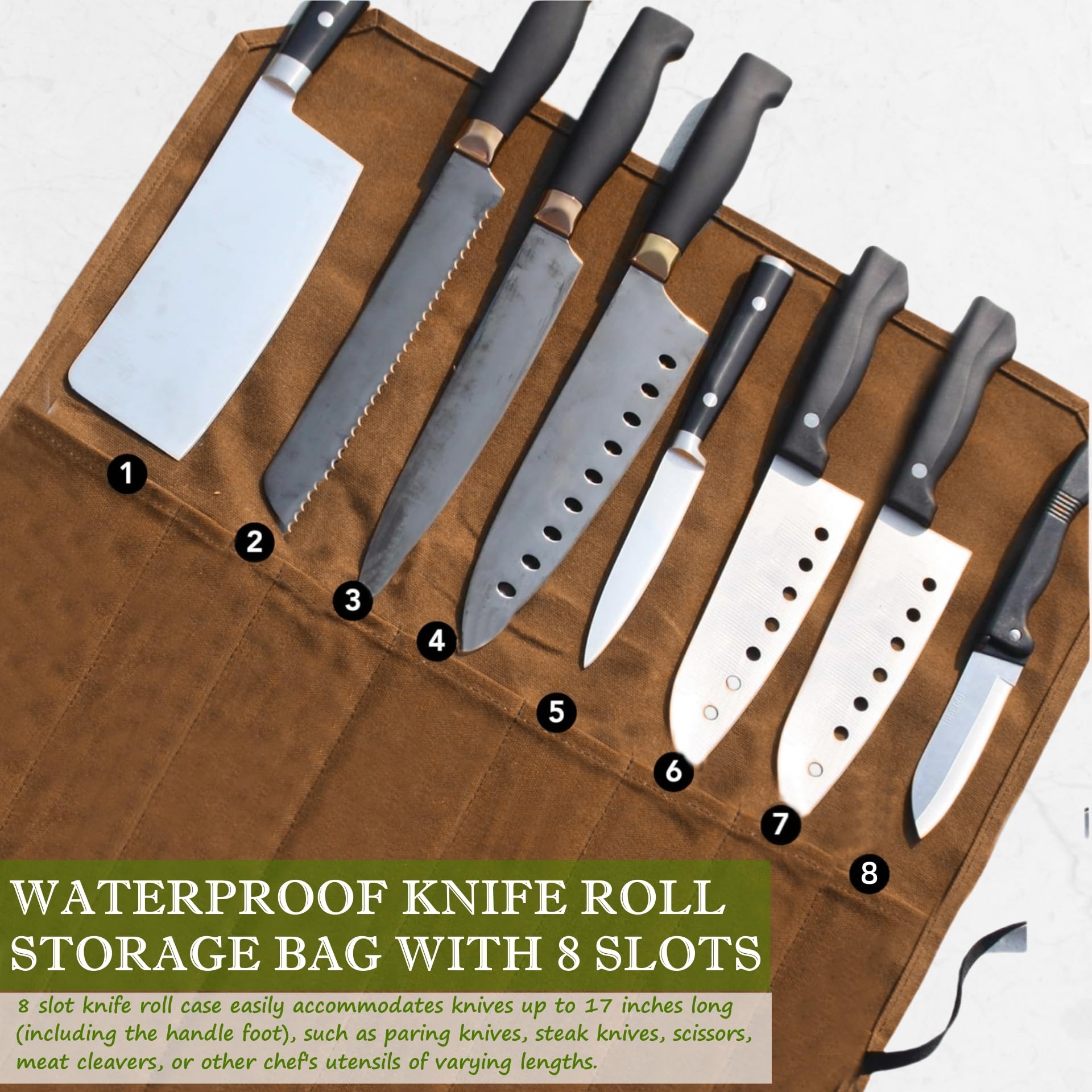 Suaetiai Waxed Canvas Knife Roll Bag,Portable Knife Cultery Carrier,Professional Chef Knife Case,Waterproof Knife Roll Storage Bag with 8 Slots,Holds 8 inch Kitchen Knives for Camping or Working