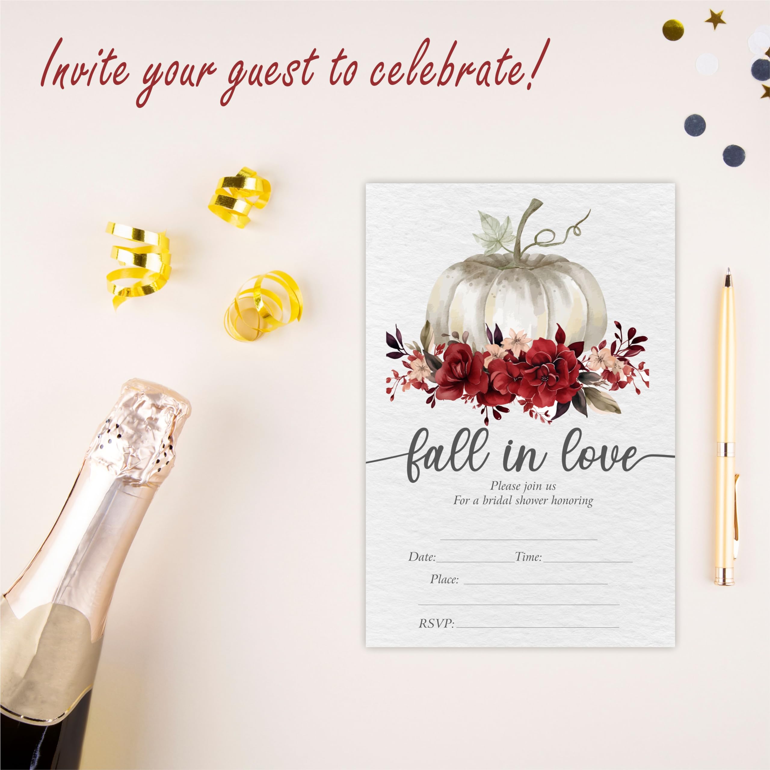 YKYENR Pumpkins & Floral Bridal Shower Invitations - Fall In Love - 4 x 6 Inches Invites (25 Cards & Envelopes) For Wedding Showers, Newlyweds Parties And Receptions - A14