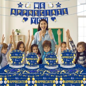 97 Pcs We Appreciate You Decorations for Thank You Party Plates and Napkins Set Blue Gold We Appreciate You Banner Tablecloth for Teacher Nurser Doctor Pastor Employee Thanksgiving Supplies