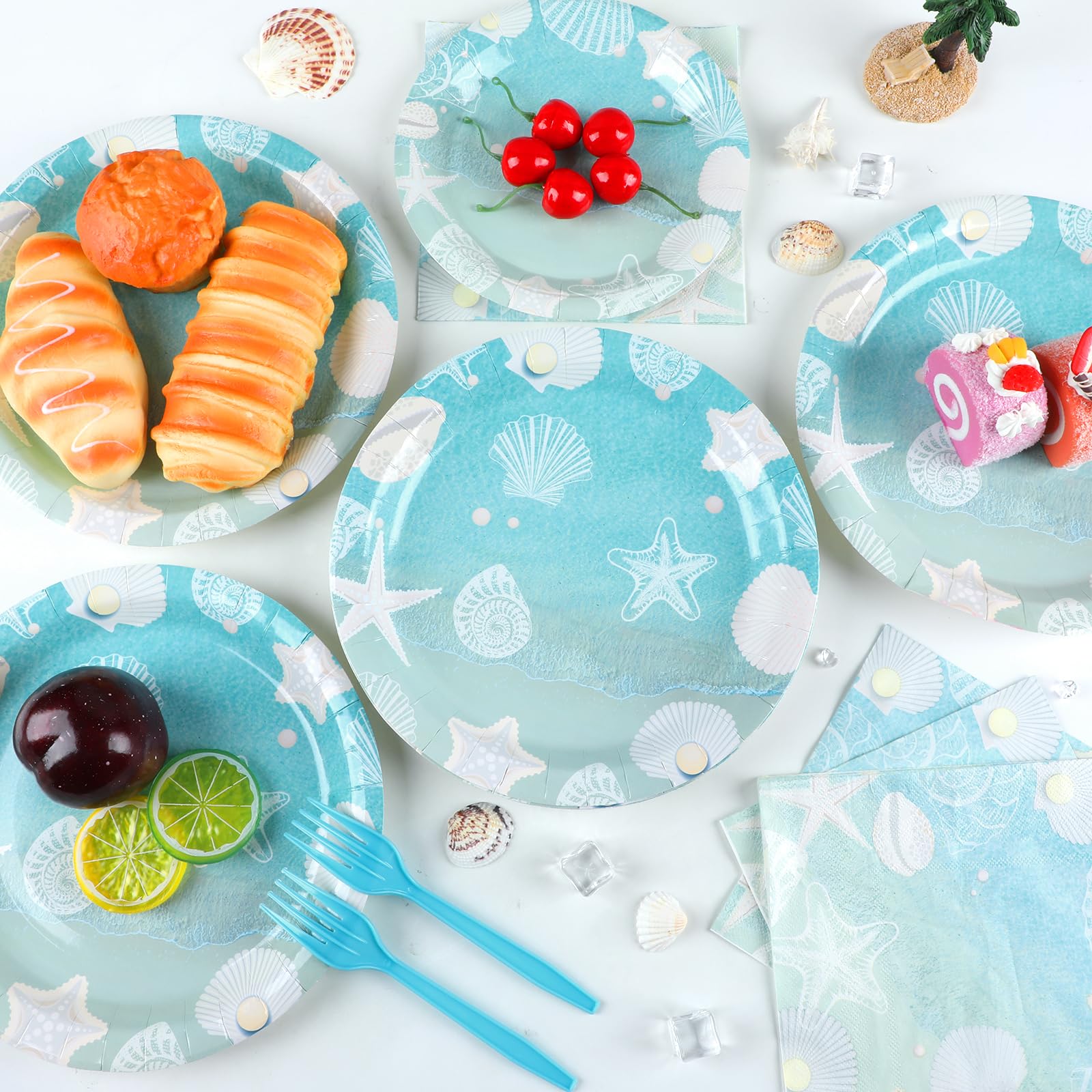 Naozinebi Seashell Beach Party Plates Napkin Fork Nautical Coastal Birthday Party Tableware Set Ocean Starfish Dinnerware Supply for Summer Holiday baby shower Wedding Bridal Decoration favor Serve 24