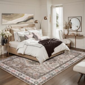 Lahome 8x10 Large Rugs for Living Room, Washable Soft Bedroom Rug 8x10 Under Bed, Ultra-Thin Living Room Rug Non Slip, Vintage Print Aesthetic Carpets for Dining Room Office (Beige, 8'x10')