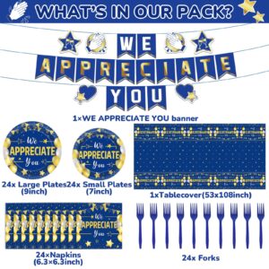 97 Pcs We Appreciate You Decorations for Thank You Party Plates and Napkins Set Blue Gold We Appreciate You Banner Tablecloth for Teacher Nurser Doctor Pastor Employee Thanksgiving Supplies