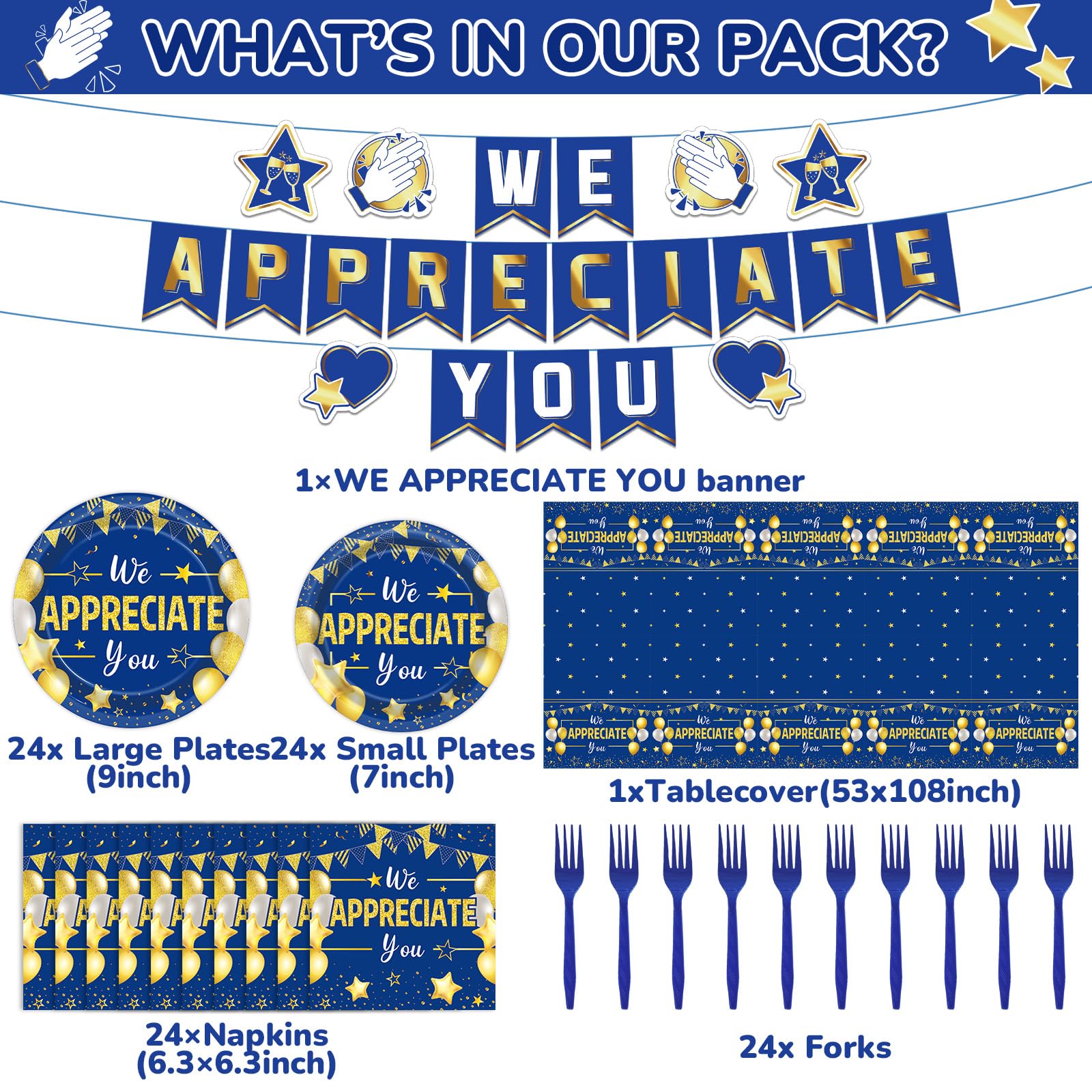 97 Pcs We Appreciate You Decorations for Thank You Party Plates and Napkins Set Blue Gold We Appreciate You Banner Tablecloth for Teacher Nurser Doctor Pastor Employee Thanksgiving Supplies