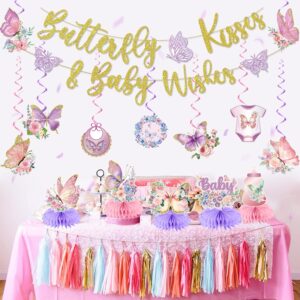 KMCCUMBER Butterfly Baby Shower Decorations, Purple Baby Shower Decorations Include Butterfly Kisses and Baby Wishes Banner Hanging Swirls and Honeycomb Centerpiece Party Decorations for Girl