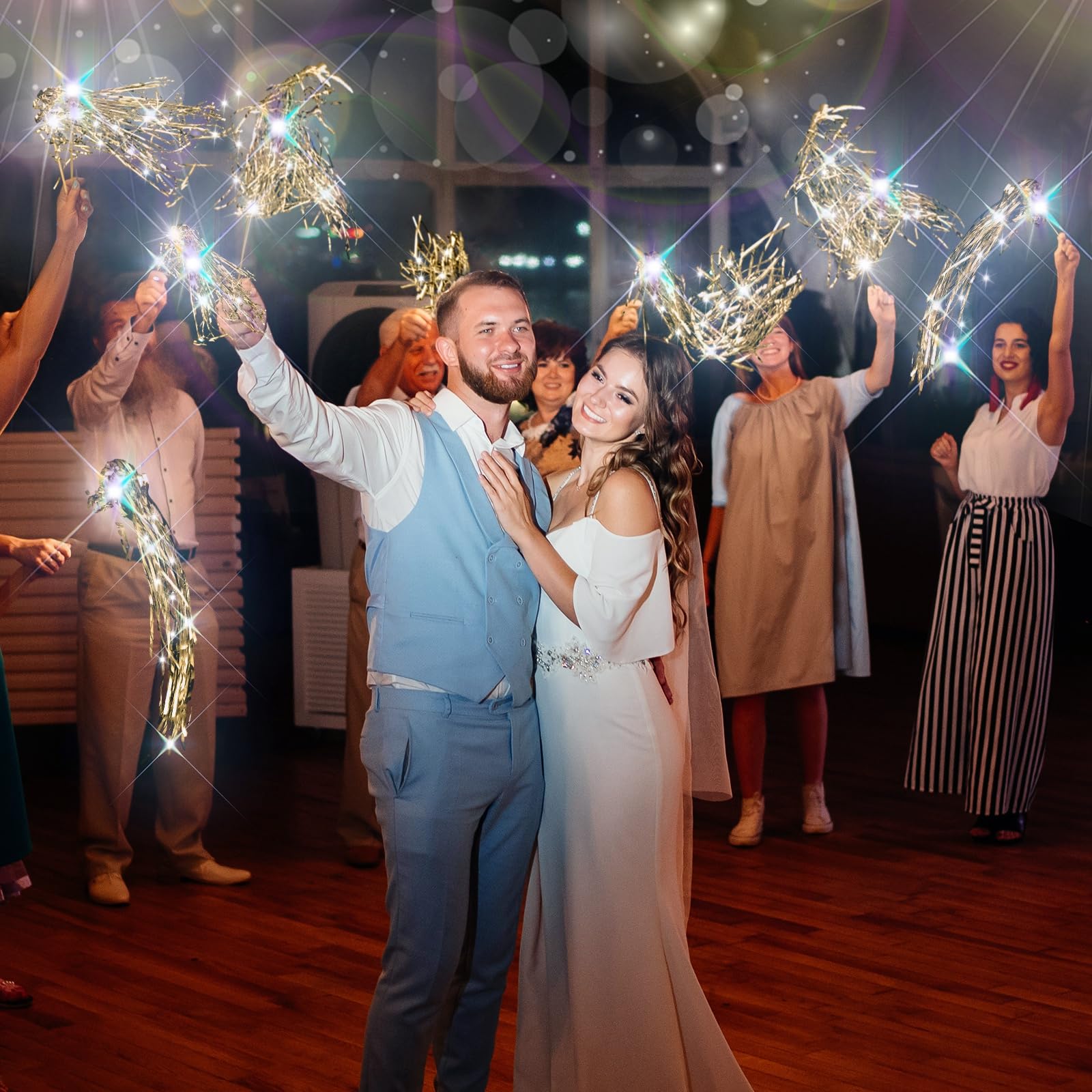 Simgoing 200 Pcs Lighted Wedding Wands LED Tinsel Wedding Wands Light up Wedding Streamers for Wedding Send Off and Exits Baby Shower Birthday Party Favors (Champagne Tinsel)