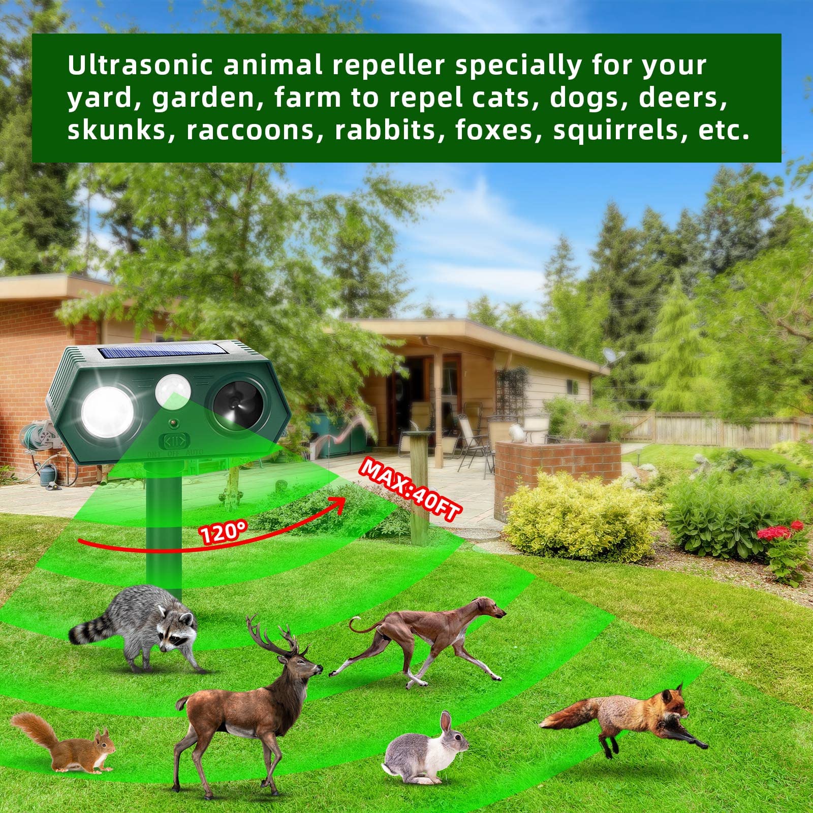 2 Pack Solar Animal Repellent Ultrasonic Animal Deterrent Outdoor with Motion Sensor & Flash Light for Deer Squirrel Cat Skunk Rabbit Dog Raccoon, Waterproof Cat Repellent Dog Repellent for Yard Lawn