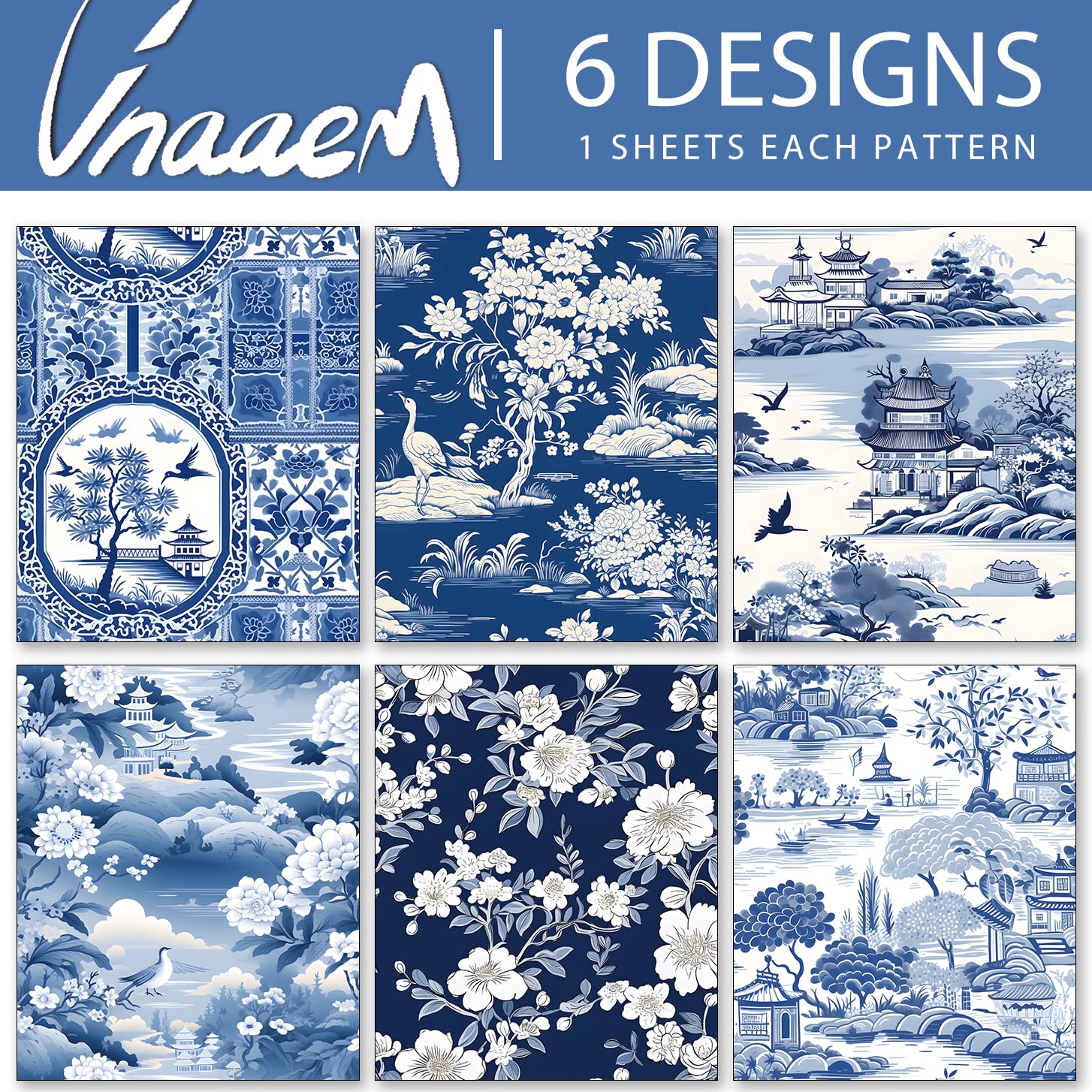 Vnaaem Chinoiserie Wrapping Paper 6 Pc Classic Chinese Landscape Vintage Blue White Floral Gift Wrap Paper for Girls Boys DIY Crafts Birthday Baby Shower Wedding Party Lunar Year,19.6 X27.8Inch