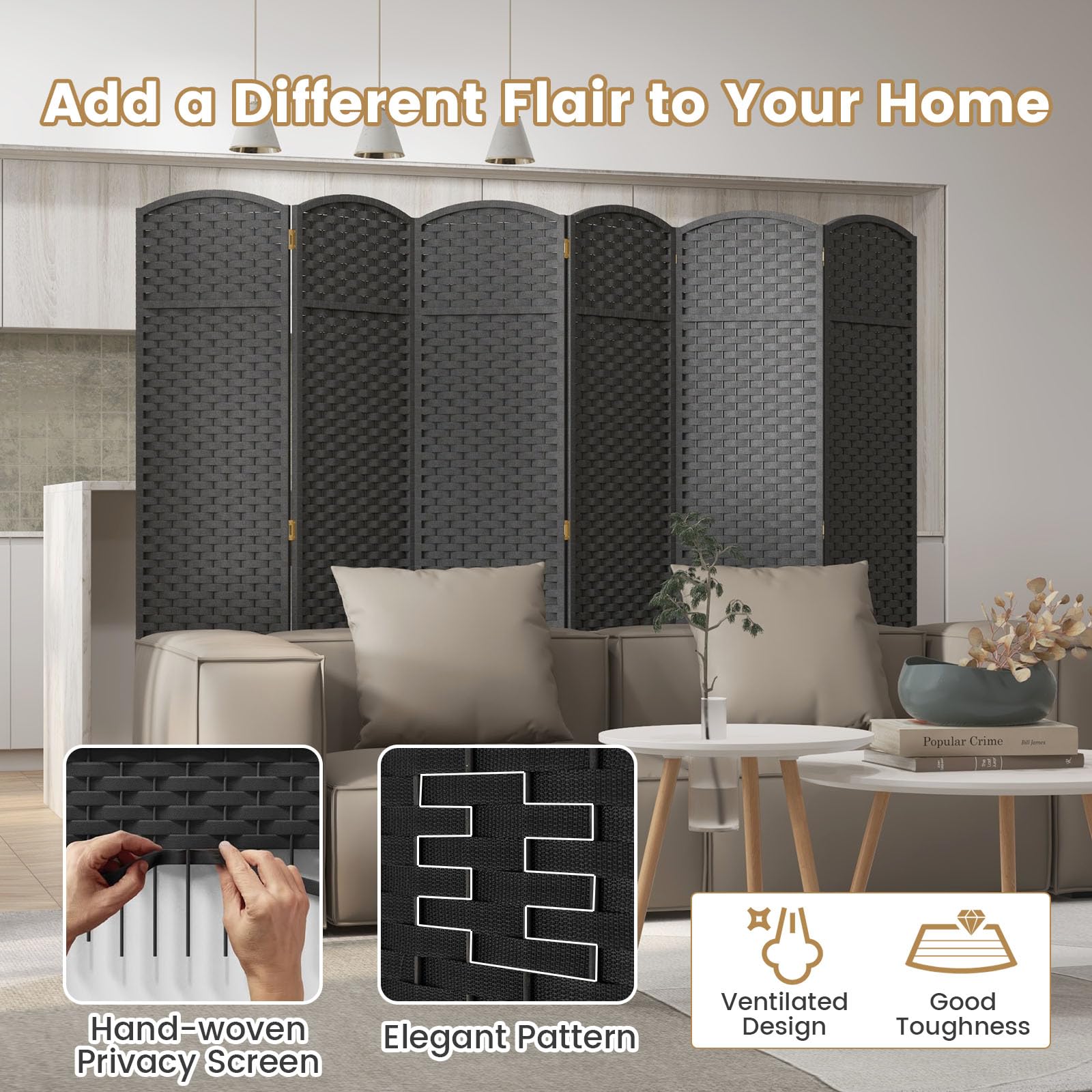 GOFLAME 6 Panel Room Divider, 5.6FT Tall Folding Privacy Screen with Hand-Woven Design & Solid Wood Frame, Freestanding Wall Divider, Room Partition Separator for Home Office, Black